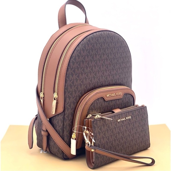 MICHAEL KORS JAYCEE MEDIUM BACKPACK and LARGE DOUBLE ZIP WALLET BROWN GOLD - Picture 1 of 16